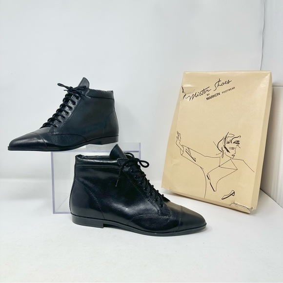 Vtg Mr Shoes Markon Brazil 8.5 Women Black Lace Up Shoes Leather Upper Unworn - Picture 1 of 14